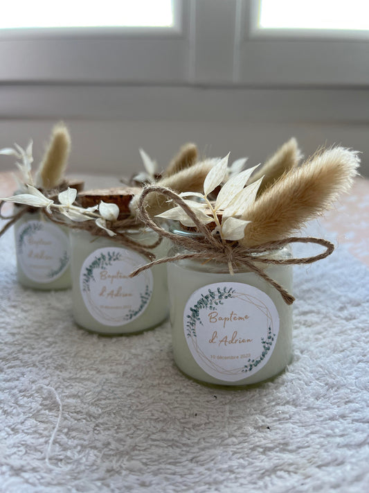 Bougie personnalisée cadeaux invités anniversaire, baptême, mariage, avec ou sans fleurs séchées